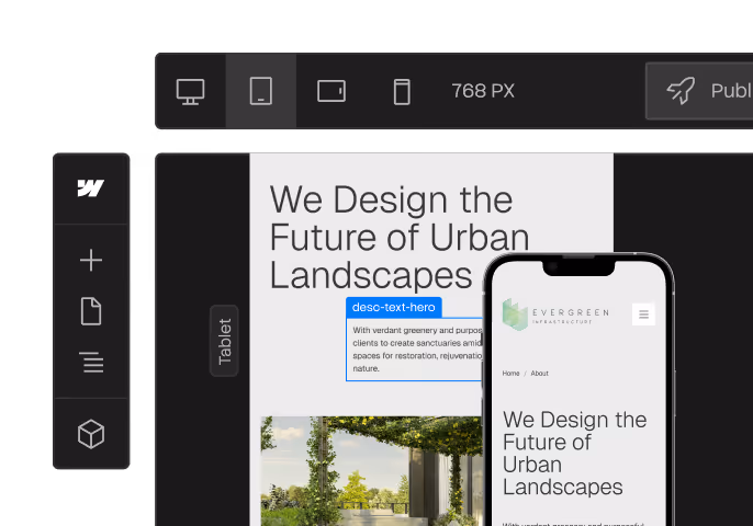 Website design preview showing urban landscape theme displayed on tablet and smartphone screens.