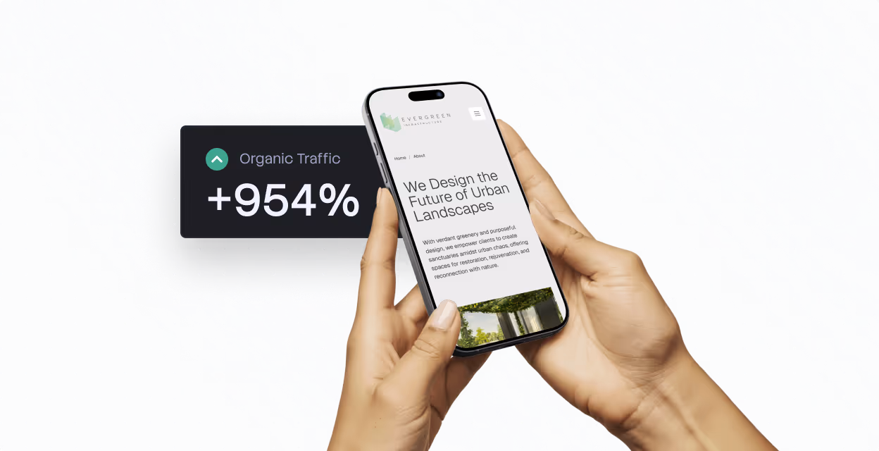 Hands holding a phone displaying urban landscape design with +954% organic traffic increase.