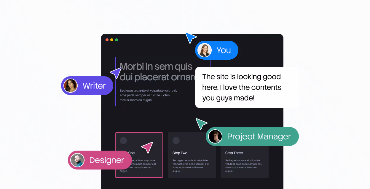 Collaborative web design screen with comments from You, Writer, Designer, and Project Manager.