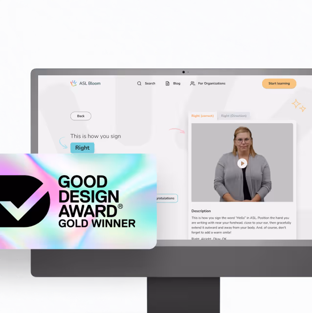 Laptop screen displaying ASL Bloom sign language tutorial for the word 'Right' with Good Design Award badge.