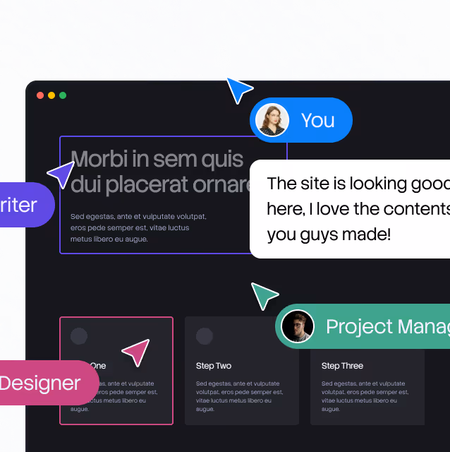 Chat interface with user comments and labeled roles: You, Writer, Designer, Project Manager.