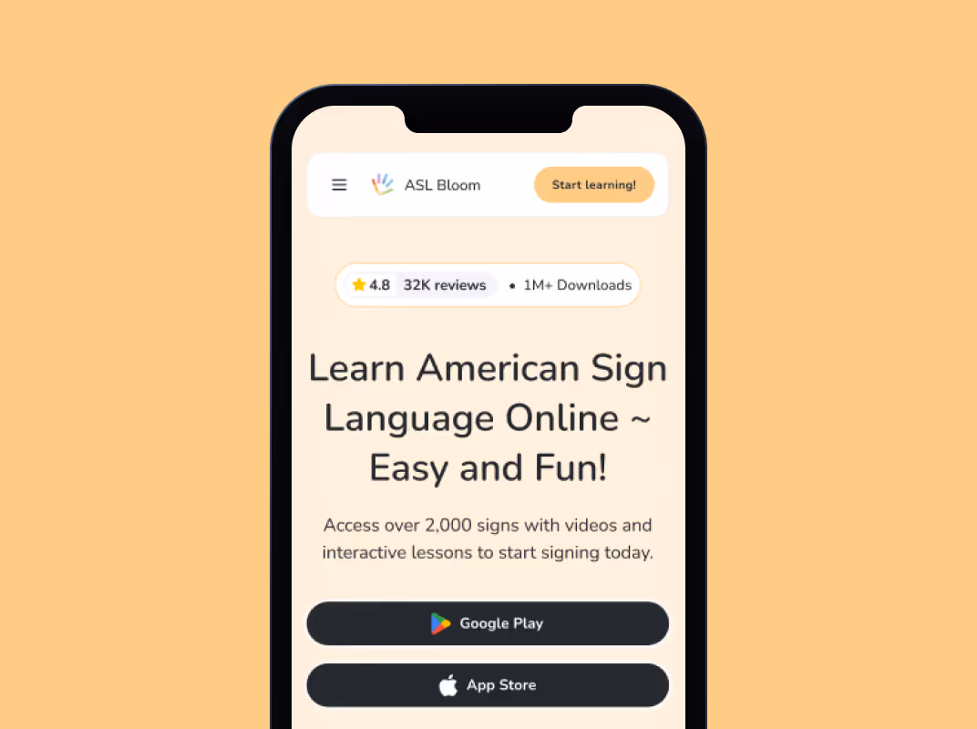 Mobile screen showing ASL Bloom app to learn American Sign Language with 2,000+ signs and interactive lessons.