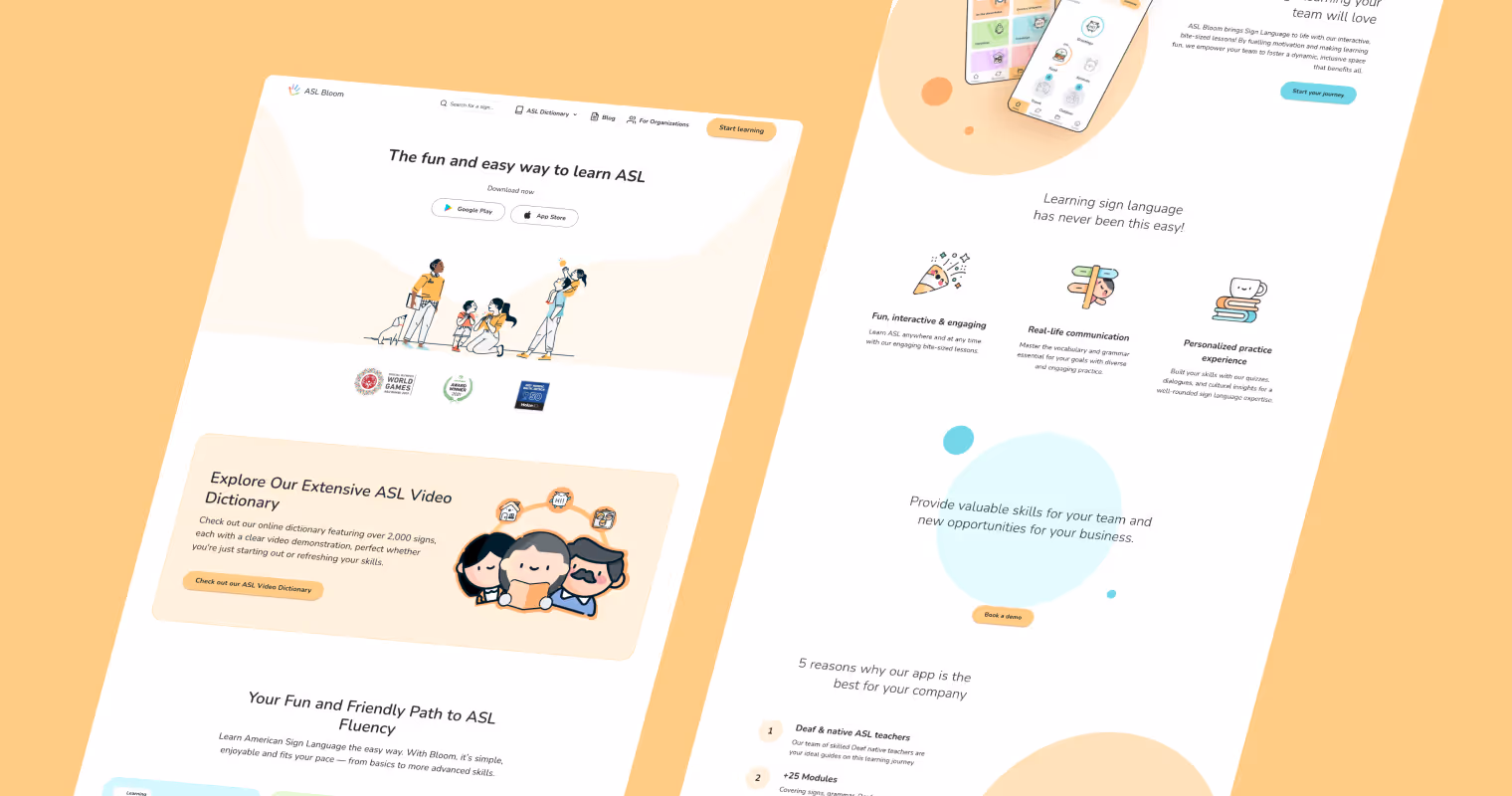 Website promoting easy, fun ASL learning with video dictionary, interactive lessons, and business skills.