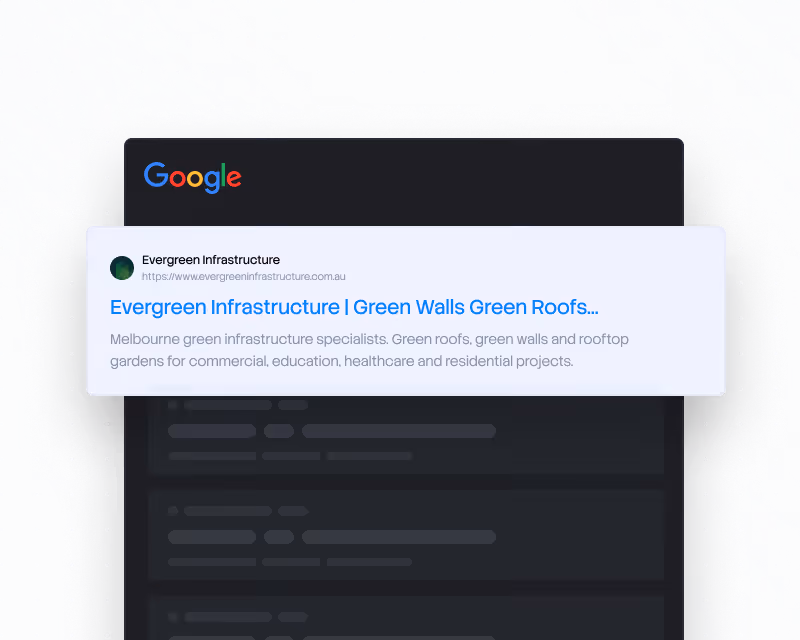 Google search result for Evergreen Infrastructure, specialists in green roofs, walls, and rooftop gardens in Melbourne.