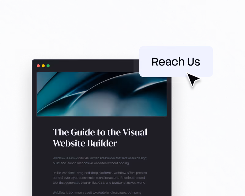 Cursor pointing to a 'Reach Us' button over a webpage titled 'The Guide to the Visual Website Builder.'