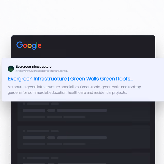 Google search result for Evergreen Infrastructure, specialists in green walls, roofs, and rooftop gardens in Melbourne.