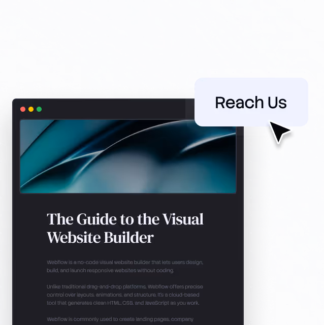Browser window with text 'The Guide to the Visual Website Builder' and a cursor pointing to 'Reach Us'