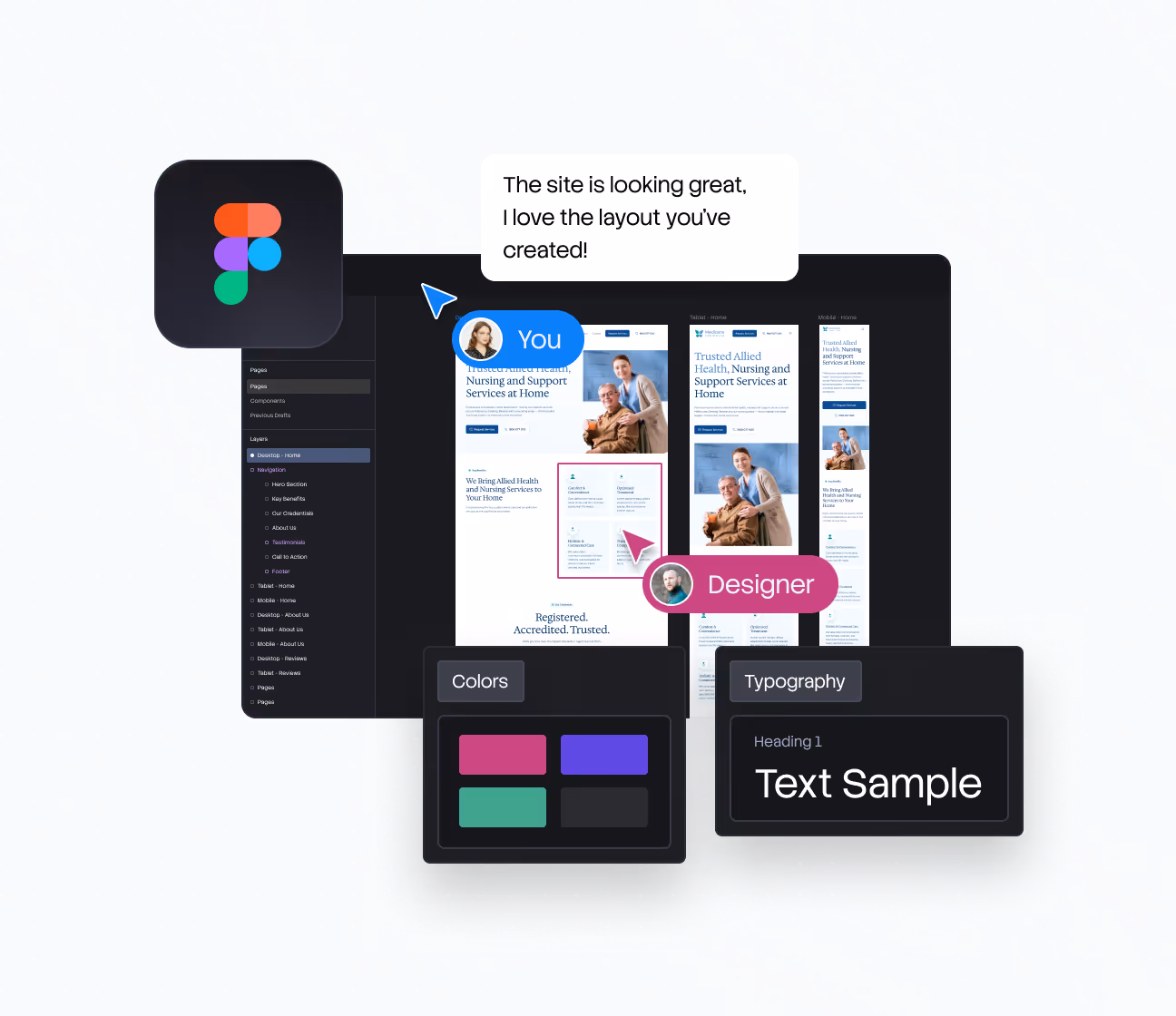 Design collaboration interface showing user and designer commenting on website layout in Figma.