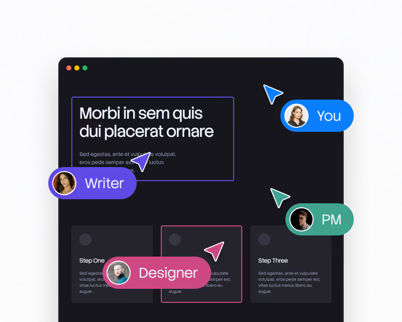Dark computer screen with text boxes and colorful chat bubbles labeled Writer, Designer, PM, and You.