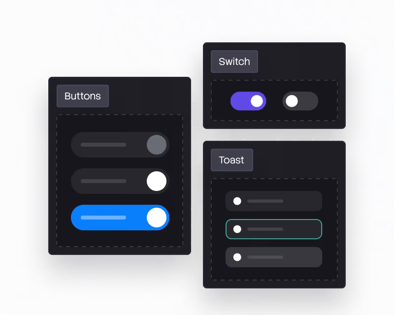 Interface panels showing toggle buttons, switches, and toast notification items on a dark dotted background.
