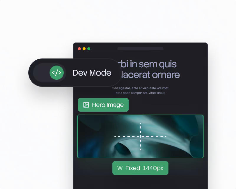 User interface showing dev mode enabled and hero image selected with fixed width 1440px.