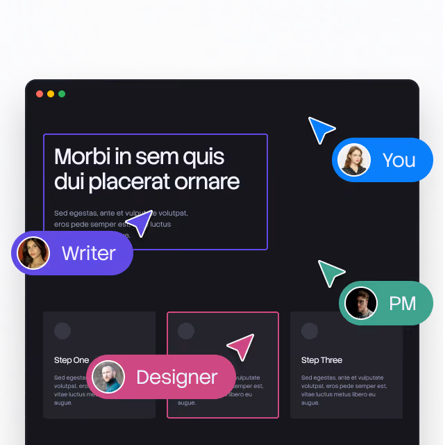 Dark interface with labeled avatars: Writer, Designer, PM, and You alongside cursor icons.