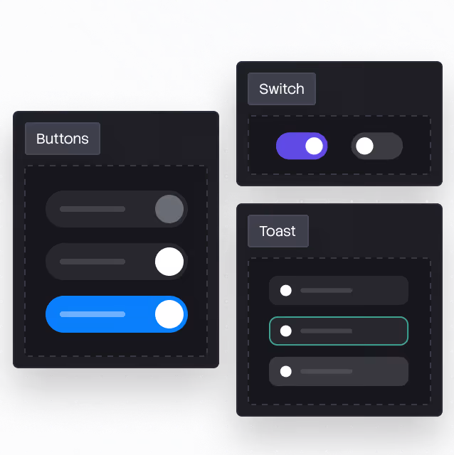 UI design showing toggle buttons, switches in off and on states, and toast notification options.
