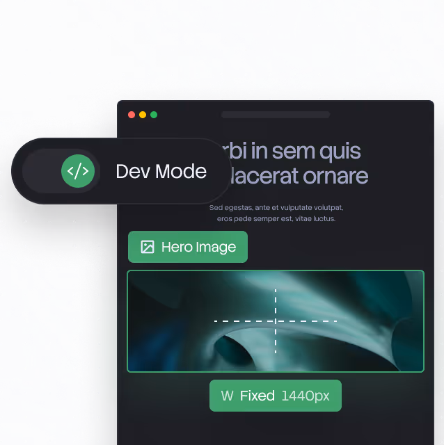Dark developer interface with Dev Mode tag, hero image placeholder, and width fixed at 1440px.