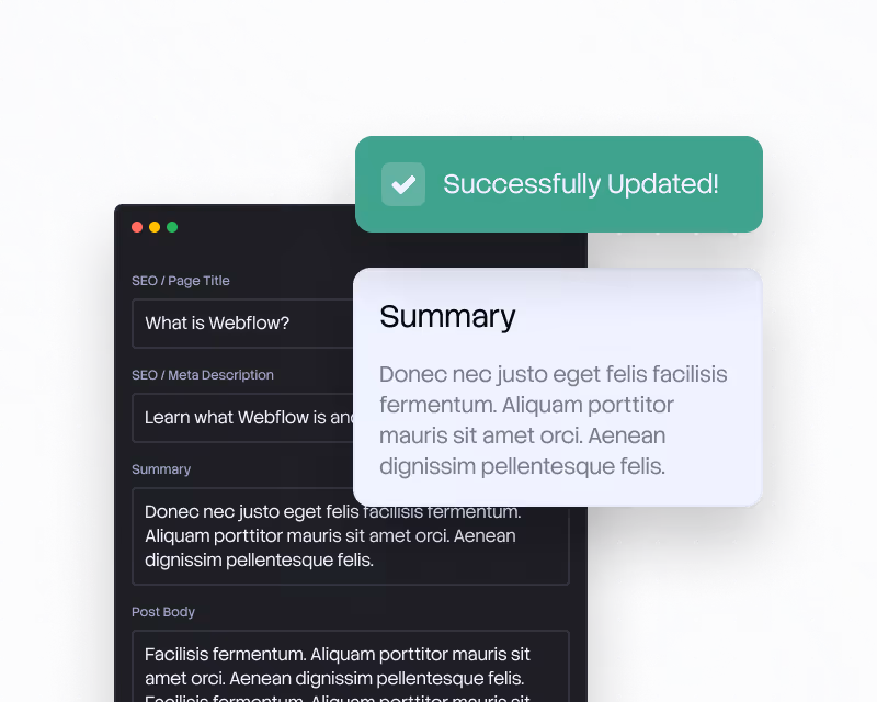 Website SEO editor showing page title, meta description, summary, and success update message.