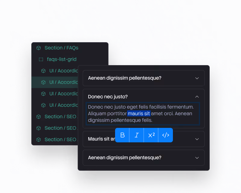 UI showing FAQ section with expandable questions and text editing toolbar highlighting 'mauris sit'.