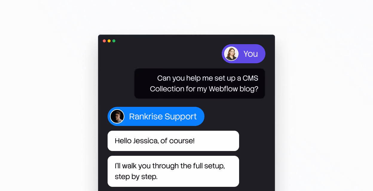 Chat window with user asking for help setting up a CMS Collection for a Webflow blog, support replies step by step.
