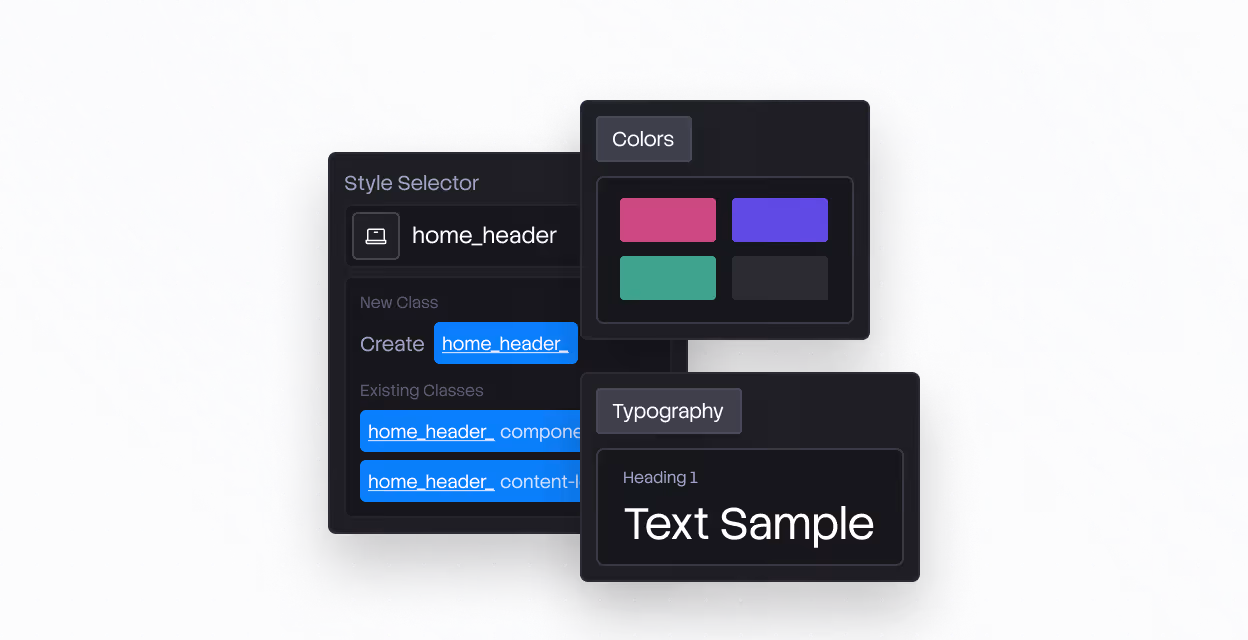 UI showing style selector with classes, color palette, and typography text sample for Heading 1.