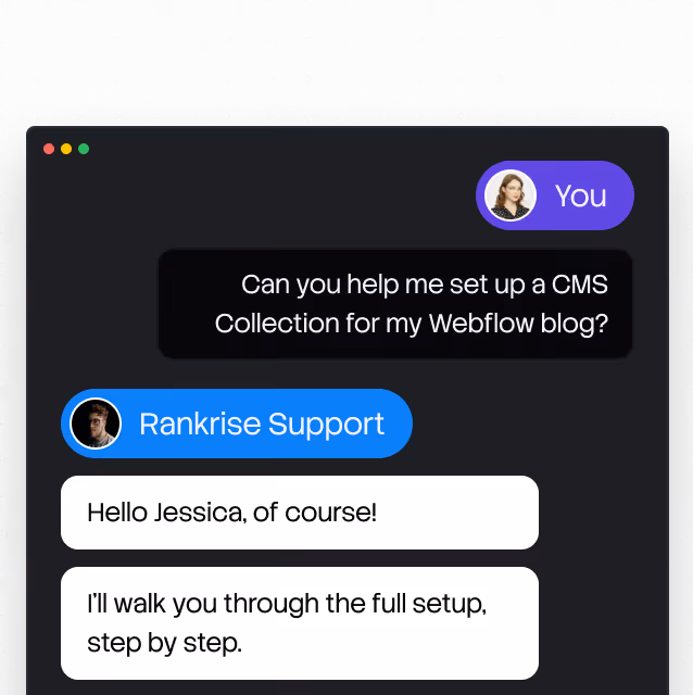 Chat showing user asking for help setting up a CMS Collection for a Webflow blog with Rankrise support replying.