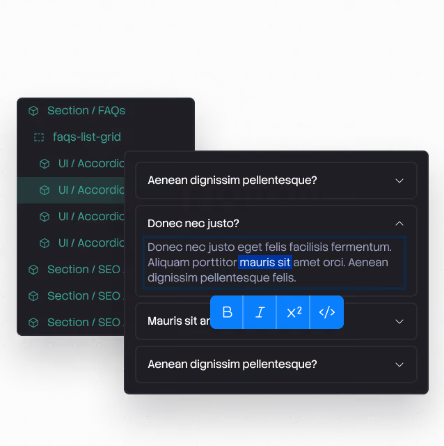 Dark-themed FAQ accordion UI with questions and editable answer text including bold and italic options.