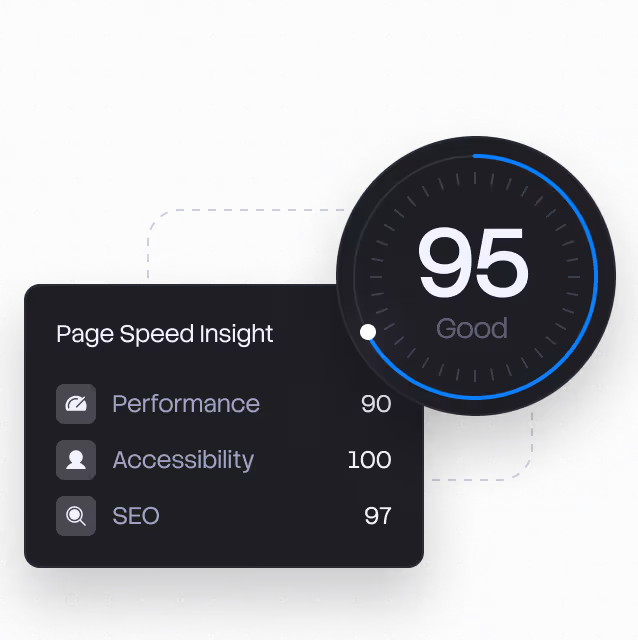 Page Speed Insight showing scores: Performance 90, Accessibility 100, SEO 97, overall score 95 good.