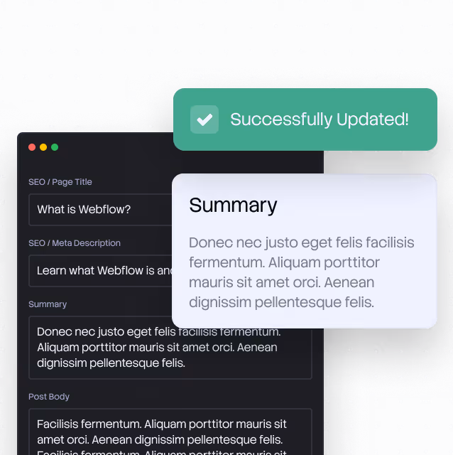 Mobile screen showing SEO fields with page title, meta description, summary, and success update message.
