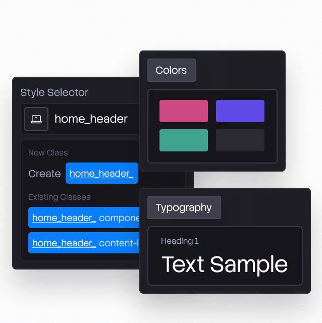 Dark UI panels showing style selector with home_header class, color swatches, and typography text sample.