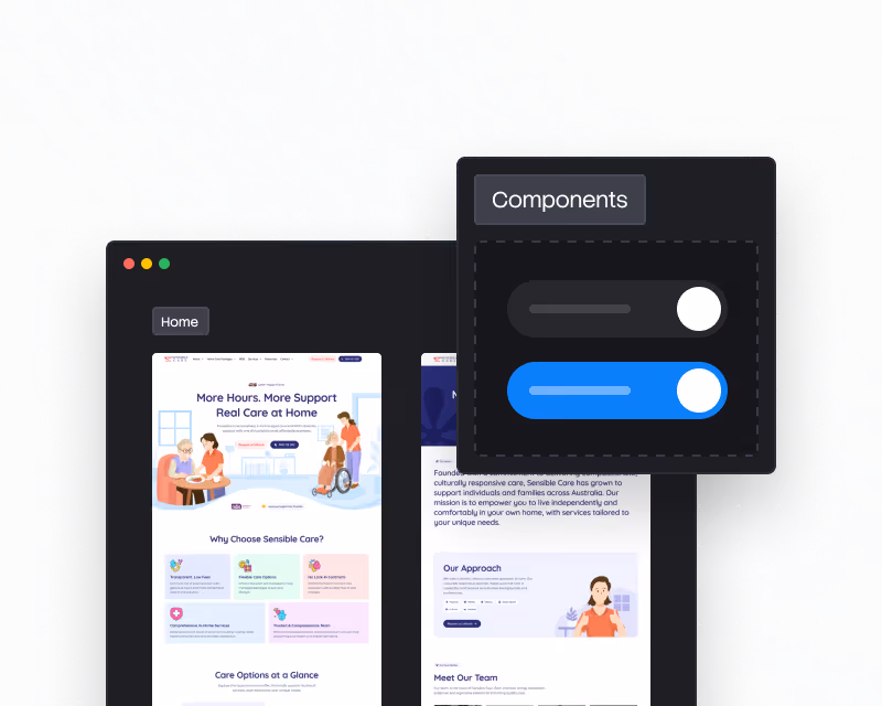Website design preview with toggle switch UI components on a light dotted background.