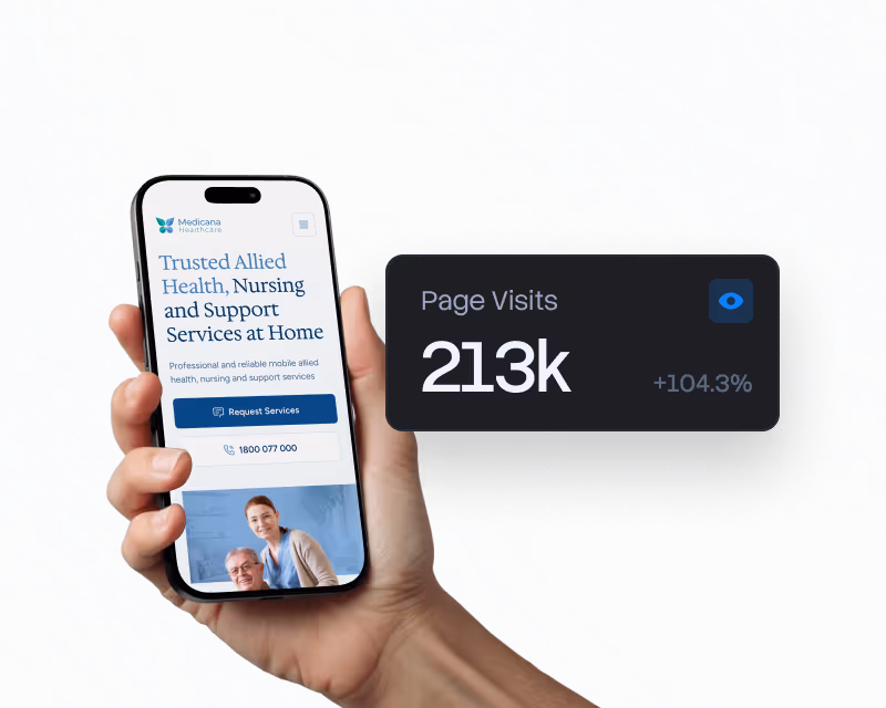 Hand holding phone showing home health services app page with 213k page visits and 104.3% increase.