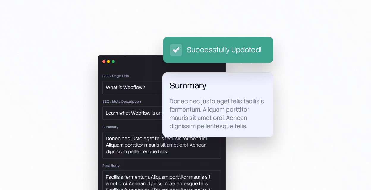 User interface screen shows SEO fields with a successful update notification in green.