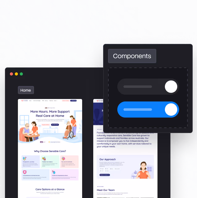 Stylized interface showing a dark window with website previews and a components panel with toggle switches.