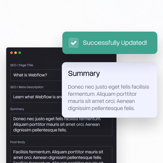 User interface showing SEO input fields and a green popup confirming 'Successfully Updated!'