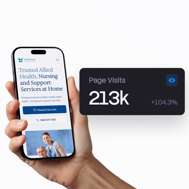 Hand holding phone displaying Medicana Healthcare site for home allied health and nursing with 213k page visits shown.