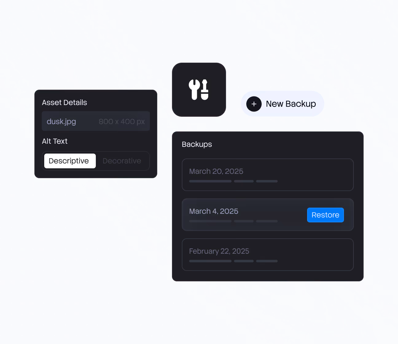 User interface showing asset details, alt text options, backup list with dates, and buttons for new backup and restore.