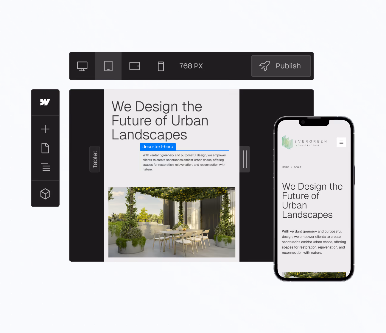 Tablet and phone showing a webpage titled We Design the Future of Urban Landscapes with greenery images.