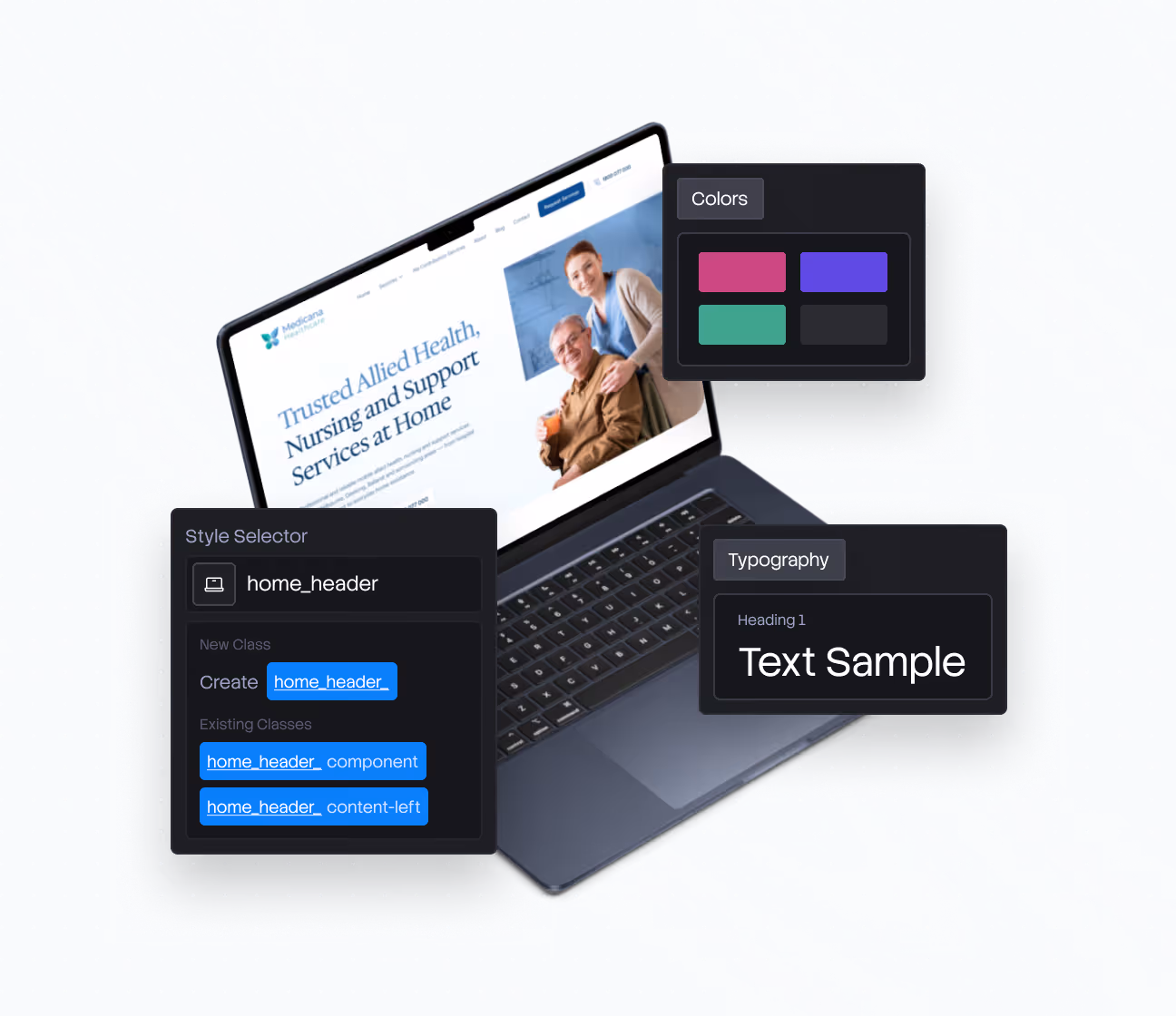 Laptop showing a healthcare website with style selector, color palette, and typography editing panels.