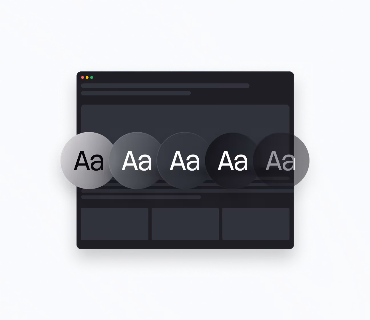 Dark mode interface showing five circular contrast options from light gray to black with Aa text.