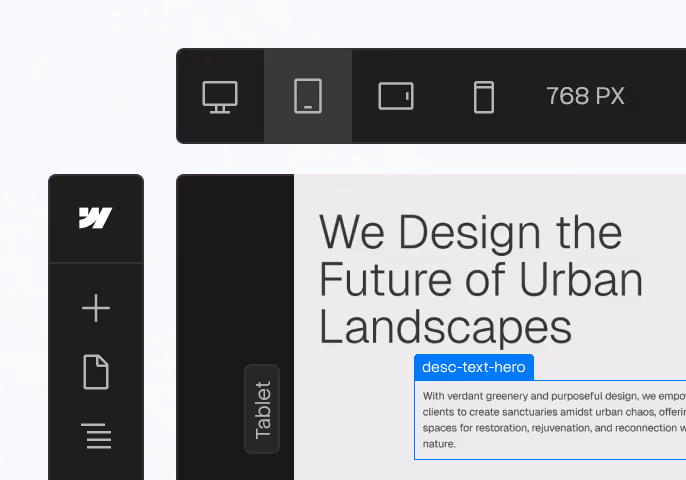 Website design editor showing 'We Design the Future of Urban Landscapes' headline and editing panel.