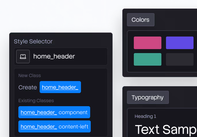 Interface showing style selector with home_header class and color swatches and typography settings.