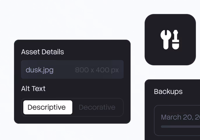 UI showing asset details for dusk.jpg with size 800x400 px and alt text option set to descriptive.