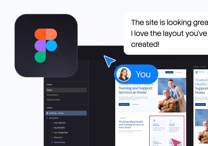 Figma design interface showing a desktop layout of a healthcare website with a chat comment saying site looks great.