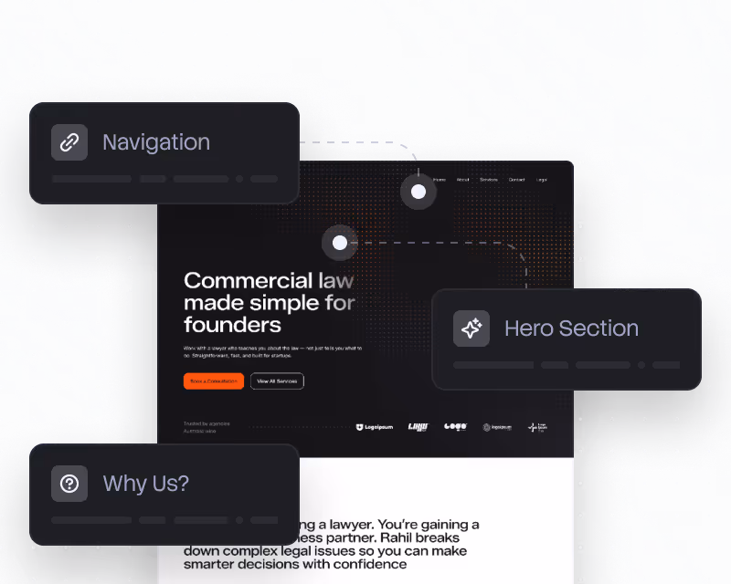 Dark webpage interface showing navigation, hero section, and why us blocks around commercial law text.