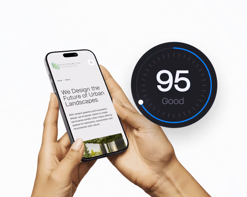 Hands holding smartphone displaying urban landscape design website with a circular 95 good rating beside it.