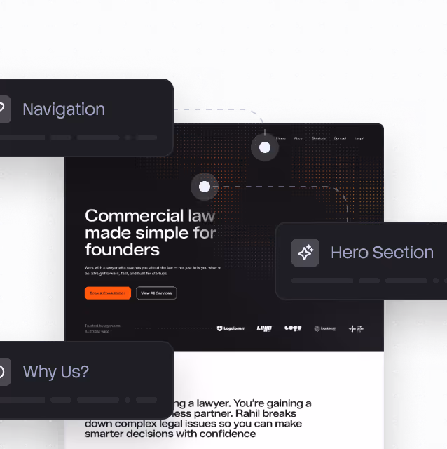 Website homepage showing a commercial law service for founders with labels for navigation and hero section.