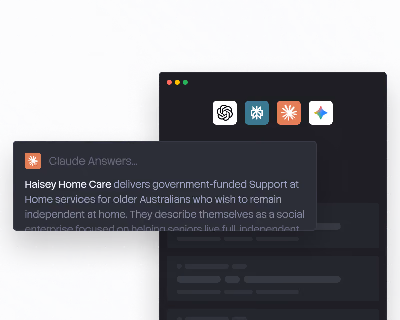 Chat interface showing Claude Answers discussing Haisey Home Care's services for older Australians.