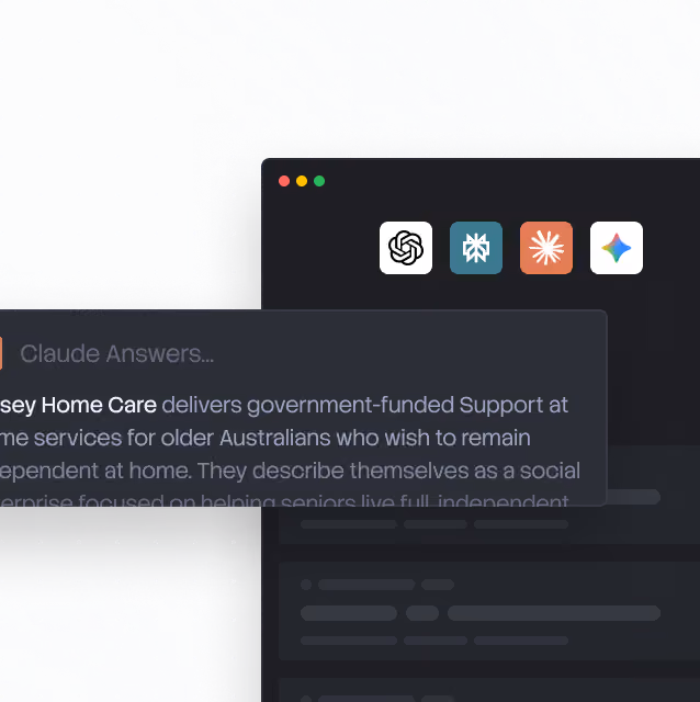 Interface showing AI search with four app icons and a text snippet about home care services for older Australians.