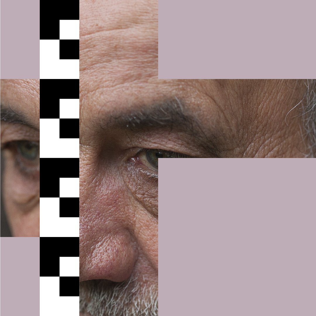 Izstādes vizuālās identitātes attēls — vīrieša sejas tuvplāns
