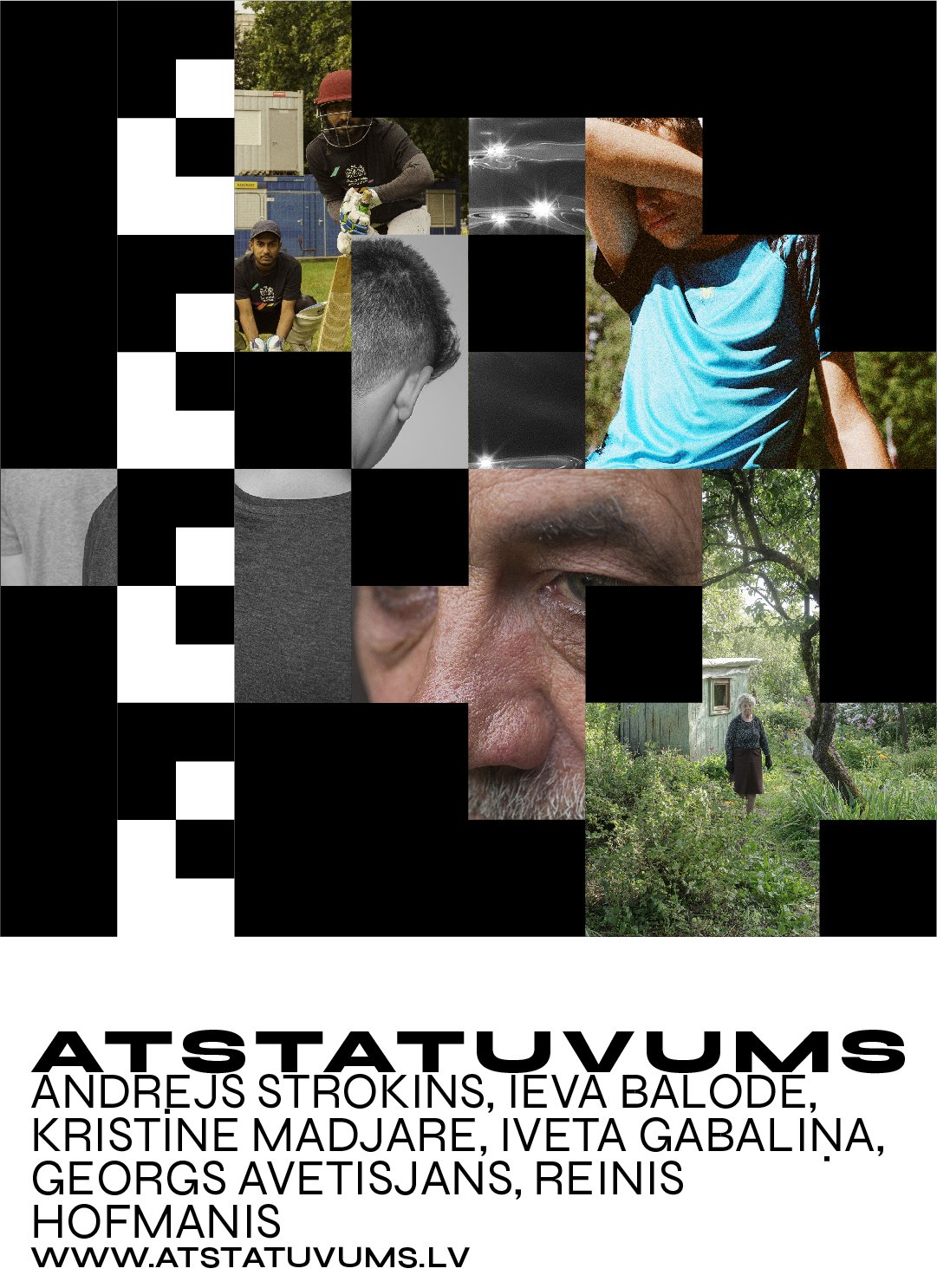 Izstādes “Atstatuvums” galvenais vizuālais attēls ar sešu fotogrāfu vārdiem