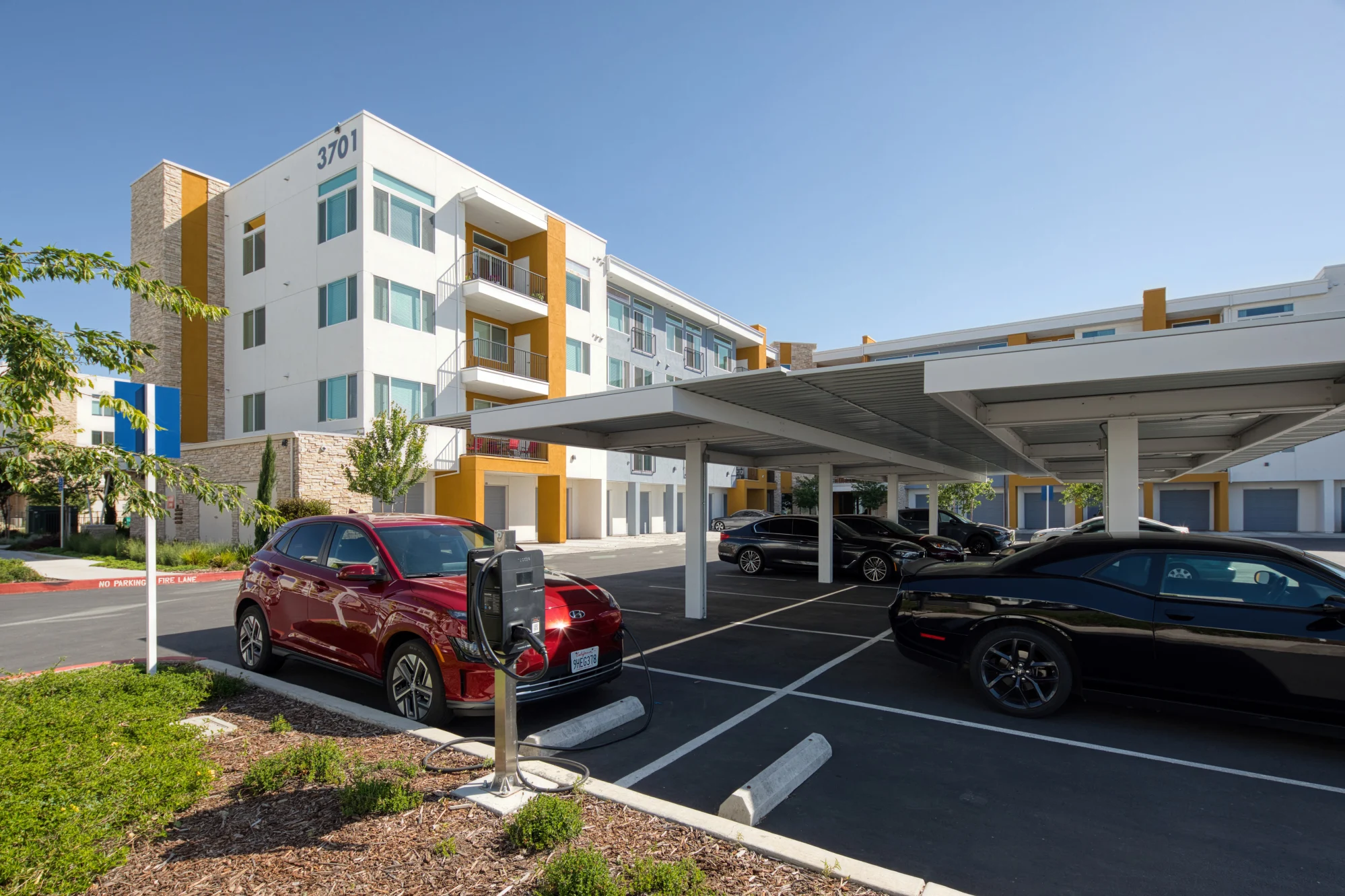 Exterior of community building and parking lot