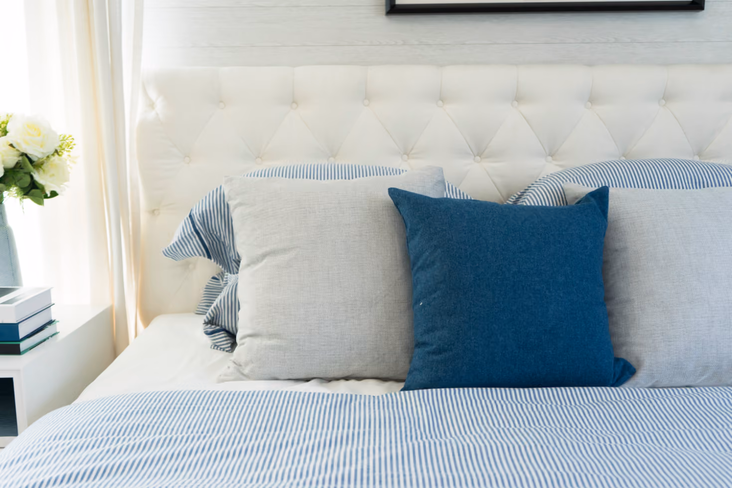 Bed with pillows stock image